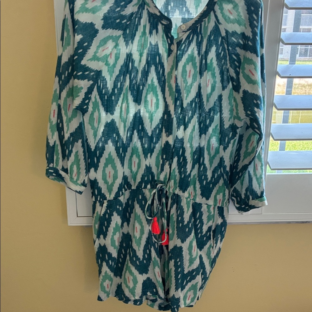 J. Crew Teal and Mint Ikat Print Top
